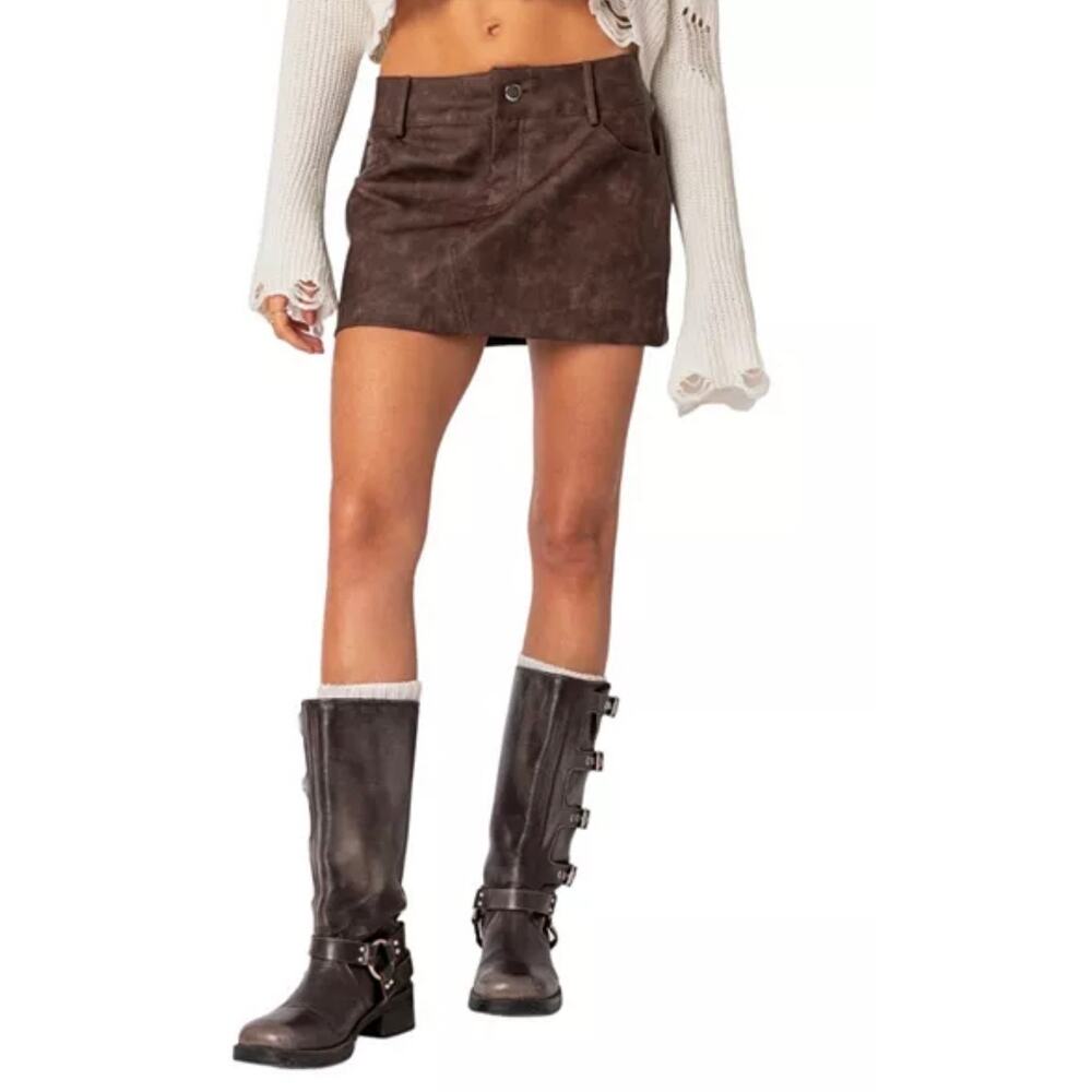 Edikted Euphoria Washed Faux Leather Mini Skirt Brown Medium $68